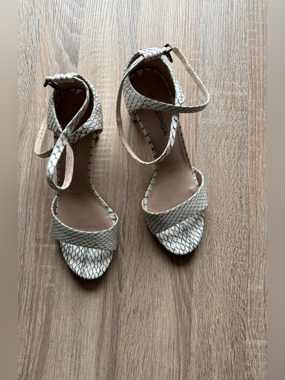 Via Spiga Cream Buckle Block Snake-Print Ankle-Strap Heels Size 7.5M